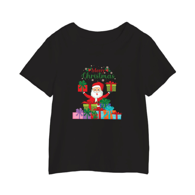 Al Amal christmas T-shirt with santa n gifts in hand Round Neck Cotton Fabric Friendly to skin,Unisex Adults Black