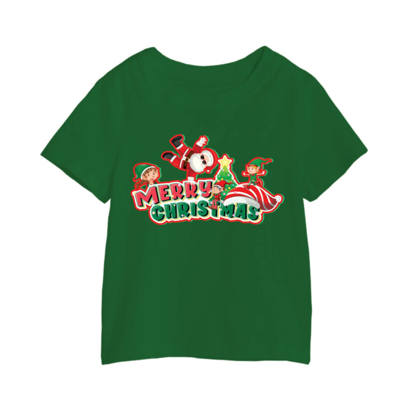 Al Amal christmas T-shirt with santa n his 3 elves Round Neck Cotton Fabric Friendly to skin,Unisex adult Green