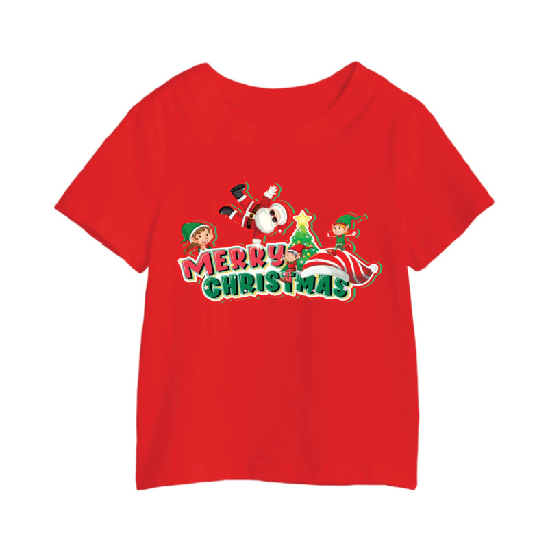Al Amal christmas T-shirt with santa n his 3 elves Round Neck Cotton Fabric Friendly to skin,Unisex adult Red