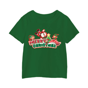 Al Amal christmas T-shirt with santa n his 3 elves Round Neck Cotton Fabric Friendly to skin,Unisex kids Green