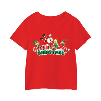 Al Amal christmas T-shirt with santa n his 3 elves Round Neck Cotton Fabric Friendly to skin,Unisex kids Red