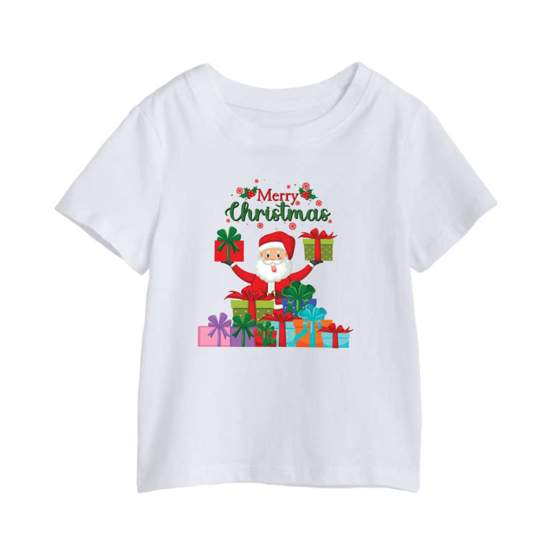 Al Amal christmas T-shirt with santa n gifts in hand Round Neck Cotton Fabric Friendly to skin,Unisex Adults White
