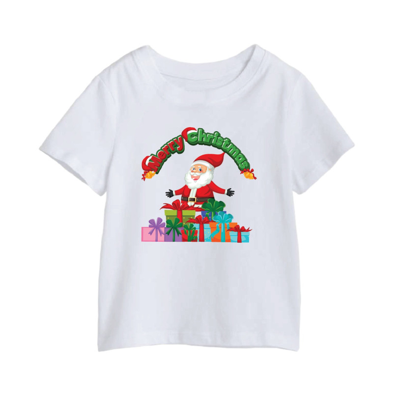 Al Amal Christmas T-shirt with santa n gifts Round Neck Cotton Fabric Friendly to skin,Unisex kids White