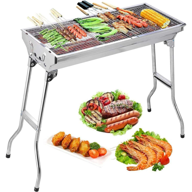 Barbecue Grill Stainless Steel, Bbq Charcoal Grill Smoker Barbecue Folding Portable For Outdoor Cooking/ Camping/ Hiking/ Picnics/ Backpacking, Large, 1 Year Warranty