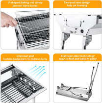 Barbecue Grill Stainless Steel, Bbq Charcoal Grill Smoker Barbecue Folding Portable For Outdoor Cooking/ Camping/ Hiking/ Picnics/ Backpacking, Large, 1 Year Warranty