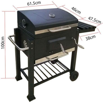 Trolley Charcoal Barbecue Grill Outdoor Patio Garden With Side Trays And Storage Shelf, 1 Year Warranty
