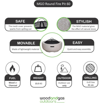 Mgo Round, Fire Pit Outdoor Wood And Charcoal Grill, Barbecue Grill Outdoor, Bbq Grill Movable Lightweight Decorative Backyard Patio Firepit H: 10 In. x Dia: 23.6 In, 29.76 Lbs, 1 Year Warranty