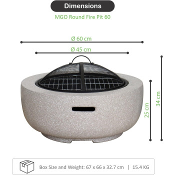 Mgo Round, Fire Pit Outdoor Wood And Charcoal Grill, Barbecue Grill Outdoor, Bbq Grill Movable Lightweight Decorative Backyard Patio Firepit H: 10 In. x Dia: 23.6 In, 29.76 Lbs, 1 Year Warranty