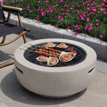 Mgo Round, Fire Pit Outdoor Wood And Charcoal Grill, Barbecue Grill Outdoor, Bbq Grill Movable Lightweight Decorative Backyard Patio Firepit H: 10 In. x Dia: 23.6 In, 29.76 Lbs, 1 Year Warranty