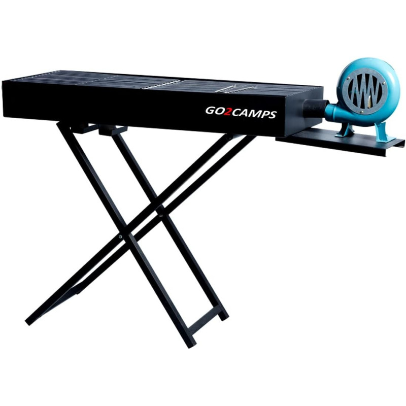 Go2Camps Portable Barbeque Grill With Blower Fan-Large,Foldable X Shape Stand Premium Quality Steel Charcoal Bbq Grill With Handled Blower Air Maker Black, 110 Cm, 1 Year Warranty
