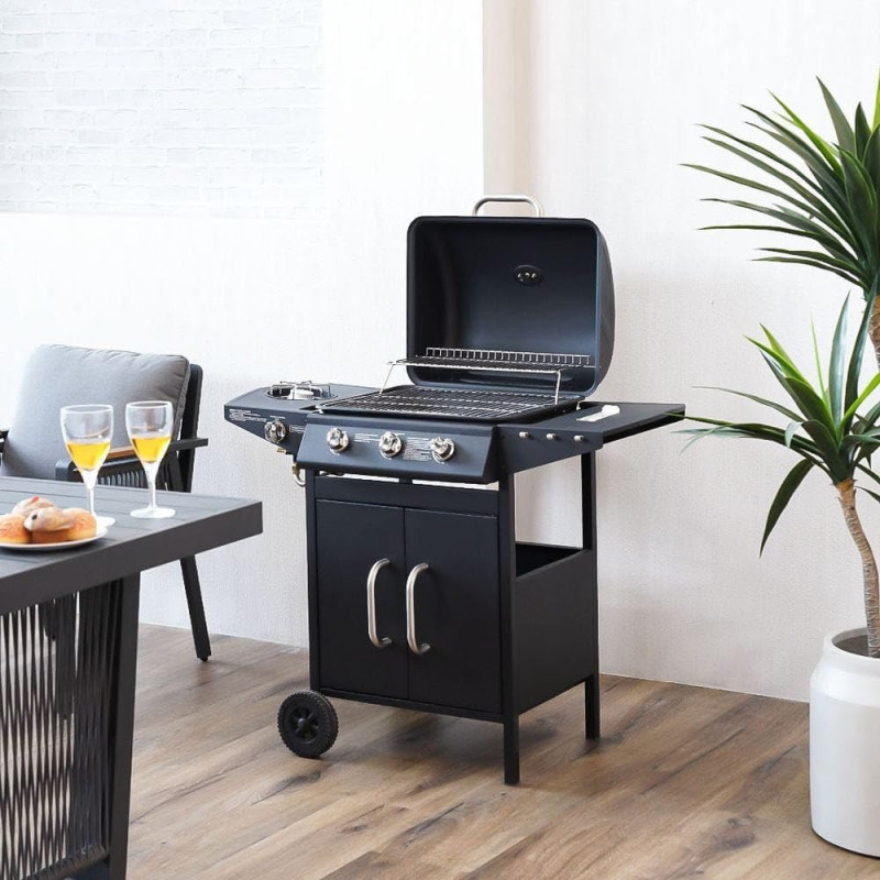Danube Home 4 Burner Gas Bbq Grill With Wheels Movable Barbecue Grill Portable Cart Style Gas Bbq Griller For Patio Lawn Garden Picnic Camping, L 107 x W 53 x H 95.5 Cm, Black, 1 Year Warranty