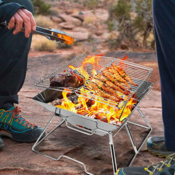 2 In 1 Stainless Steel Charcoal Grill & Fire Pit, Silver, 1 Year Warranty