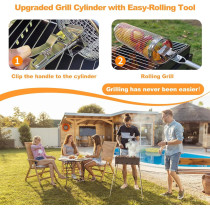 Bbq Stainless Steel Rolling Barbecue Basket With Handle, Detachable Cylinder Bbq Grill With Cover, Outdoor Camping, Vegetables, Meat, Fish And Chips, Cooking Accessories 2 Pcs, 1 Year Warranty