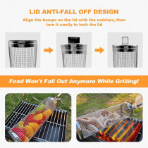 Bbq Stainless Steel Rolling Barbecue Basket With Handle, Detachable Cylinder Bbq Grill With Cover, Outdoor Camping, Vegetables, Meat, Fish And Chips, Cooking Accessories 2 Pcs, 1 Year Warranty