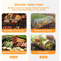 Bbq Stainless Steel Rolling Barbecue Basket With Handle, Detachable Cylinder Bbq Grill With Cover, Outdoor Camping, Vegetables, Meat, Fish And Chips, Cooking Accessories 2 Pcs, 1 Year Warranty