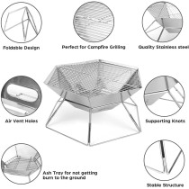 Portable Large Camping Grill Hexagonal Fire Pit 304 Stainless Steel Grill Gate + Tripdo Board + Chain Hook +Scissors Tong + Storage Bag, 1 Year Warranty