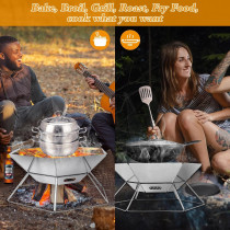 Portable Large Camping Grill Hexagonal Fire Pit 304 Stainless Steel Grill Gate + Tripdo Board + Chain Hook +Scissors Tong + Storage Bag, 1 Year Warranty
