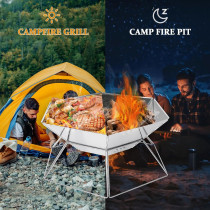Portable Large Camping Grill Hexagonal Fire Pit 304 Stainless Steel Grill Gate + Tripdo Board + Chain Hook +Scissors Tong + Storage Bag, 1 Year Warranty