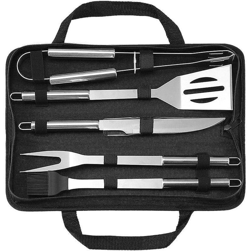 5 Pcs Stainless Steel Bbq Grill Tool Set With Knife, Brush, Fork, Spatula And Tong With Oxford Bag, 1 Year Warranty