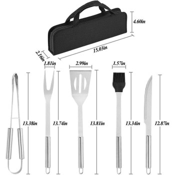 5 Pcs Stainless Steel Bbq Grill Tool Set With Knife, Brush, Fork, Spatula And Tong With Oxford Bag, 1 Year Warranty