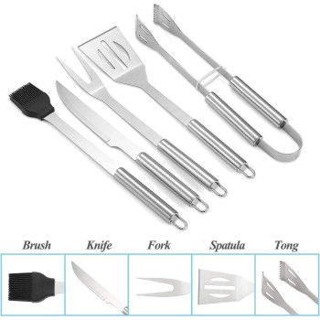 5 Pcs Stainless Steel Bbq Grill Tool Set With Knife, Brush, Fork, Spatula And Tong With Oxford Bag, 1 Year Warranty