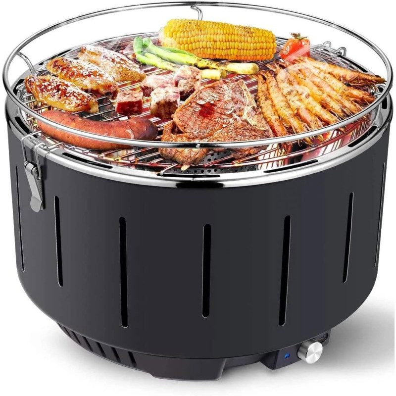 Portable Smokeless Barbecue Grill, Charcoal Barbeque Stainless Steel Removable Table Grill, Bbq With Travel Bag USB/Battery Fan Temperature Control For Outdoor Indoor Camping Garden 34 x 34 x 23 cm, 1 Year Warranty