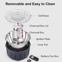 Portable Smokeless Barbecue Grill, Charcoal Barbeque Stainless Steel Removable Table Grill, Bbq With Travel Bag USB/Battery Fan Temperature Control For Outdoor Indoor Camping Garden 34 x 34 x 23 cm, 1 Year Warranty