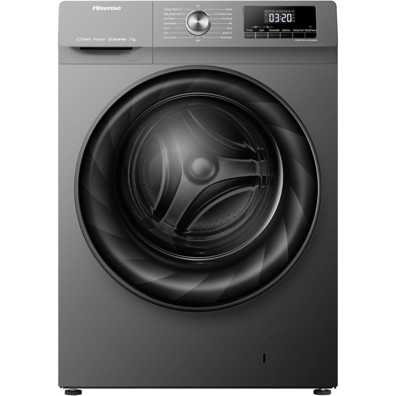 Hisense WFQY7012EVJMT 7 Kg Front Load Fully Automatic Washing Machine with Inverter Motor, 1200 RPM, 15 Mins Quick Wash Program & Delay Timer, Titanium Gary, 1 Year Warranty