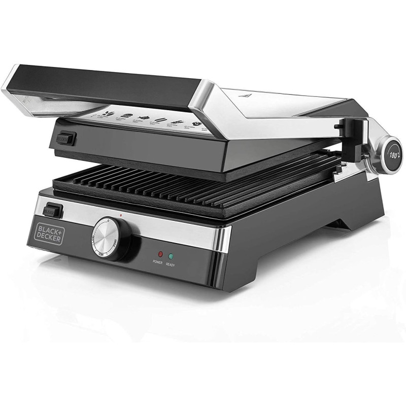Black Plus Decker Family Health Grill, 2000W, 1500 Square Centimetres Double Grilling, Non-Stick & 180 Degree Full Flat Grill, Temperature Control, 5 Adjustable Heights, Die Cast Aluminium Plates, CG2000-B5