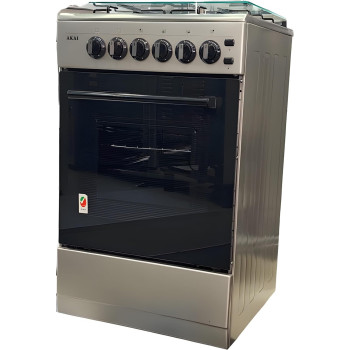 AKAI Freestanding Gas-Cooker 4-Burner With Full-Safety, Inox Body, Enamel Grid Pan Support, Gas Oven&Gas Grill With Automatic Ignition,50 x 50 cm,Silver,1 Year Warranty, CRMA-505SC
