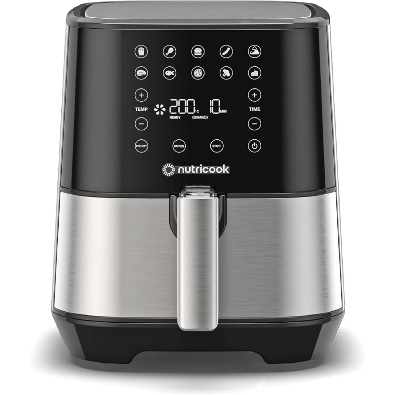 Nutricook Air Fryer 2, 1500 Watts, Digital Control Panel Display, 10 Preset Programs With Built-In Preheat Function, 3.6 Liters, BrUSh Stainless Steel/Black, 2 Years Warranty