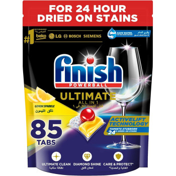 Finish Powerball Ultimate All in 1, Dishwashers Detergent Tablets for Ultimate Clean & Diamond Shine, Lemon Sparkle, 85 Tabs