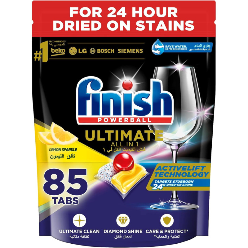 Finish Powerball Ultimate All in 1, Dishwashers Detergent Tablets for Ultimate Clean & Diamond Shine, Lemon Sparkle, 85 Tabs