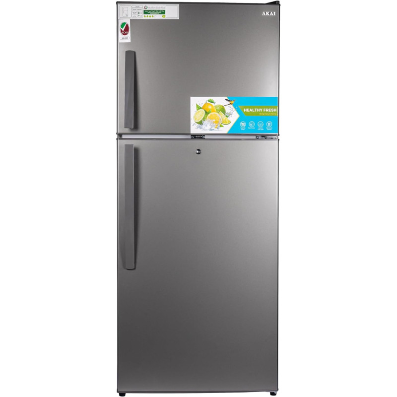AKAI 500 Liters Double Door Top Mount Free Standing Total No Frost Refrigerator Glass Shelves Titanium Finish R600a Refrigerant 4 Stars ESMA Ratings RFMA-S500WT