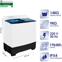 Super General 14 kg Twin-tub Semi-Automatic Washing Machine, White/Blue, efficient Top-Load Washer with Lint Filter, Spin-Dry, SGW-155, 99.5 x 55.5 x 115.5 cm, 1 Year Warranty