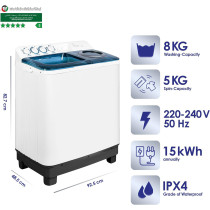 Super General 8 kg Twin-tub Semi-Automatic Washing Machine, White/Blue, efficient Top-Load Washer with Lint Filter, Spin-Dry, SGW-85, 82.7 x 48.5 x 92.5 cm, 1 Year Warranty