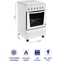 Super General Freestanding Electric-Cooker 4 hot plates, Steel Cooker, Electric Oven-Grill with Push Button Knobs and Thermostat, White, 50 x 50 x 85 cm, SGC-5041-BS, 1 Year Warranty