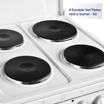 Super General Freestanding Electric-Cooker 4 hot plates, Steel Cooker, Electric Oven-Grill with Push Button Knobs and Thermostat, White, 50 x 50 x 85 cm, SGC-5041-BS, 1 Year Warranty