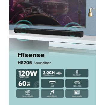 Hisense HS205 2.0ch Soundbar - 60W, Wireless Bluetooth, HDMI ARC/Optical/AUX/USB, 3EQ Modes