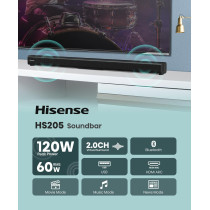 Hisense HS205 2.0ch Soundbar - 60W, Wireless Bluetooth, HDMI ARC/Optical/AUX/USB, 3EQ Modes