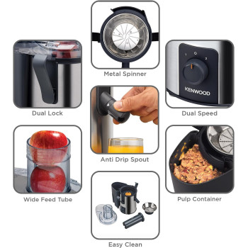 KENWOOD Juicer 700W Stainless Steel Juice & Cafeteria, Silver/Black, JEM50.000BS