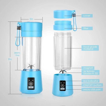 Portable USB Juicer Cup, Six 3D Blades, Rechargeable, 380 ML, Easy to Pick, Blue, TLZA+1