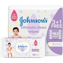 Johnson's Baby Wipes - Ultimate Clean, 3 +1 Packs of 48 Wipes, 192 Total Count , 1 Year Warranty