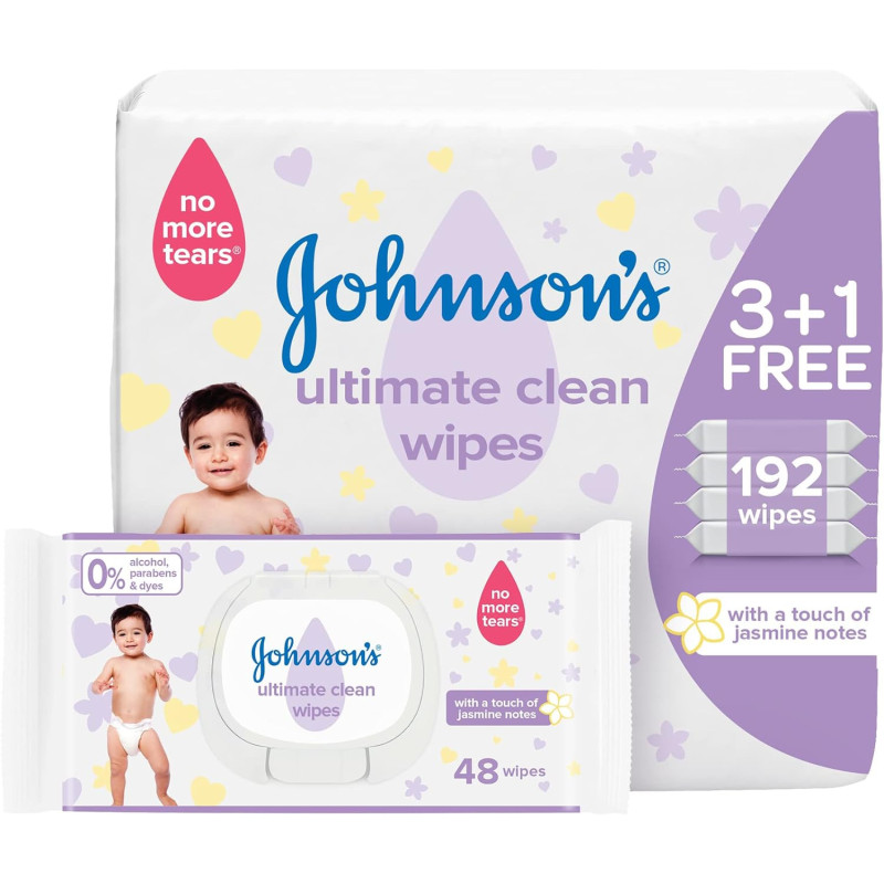Johnson's Baby Wipes - Ultimate Clean, 3 +1 Packs of 48 Wipes, 192 Total Count , 1 Year Warranty