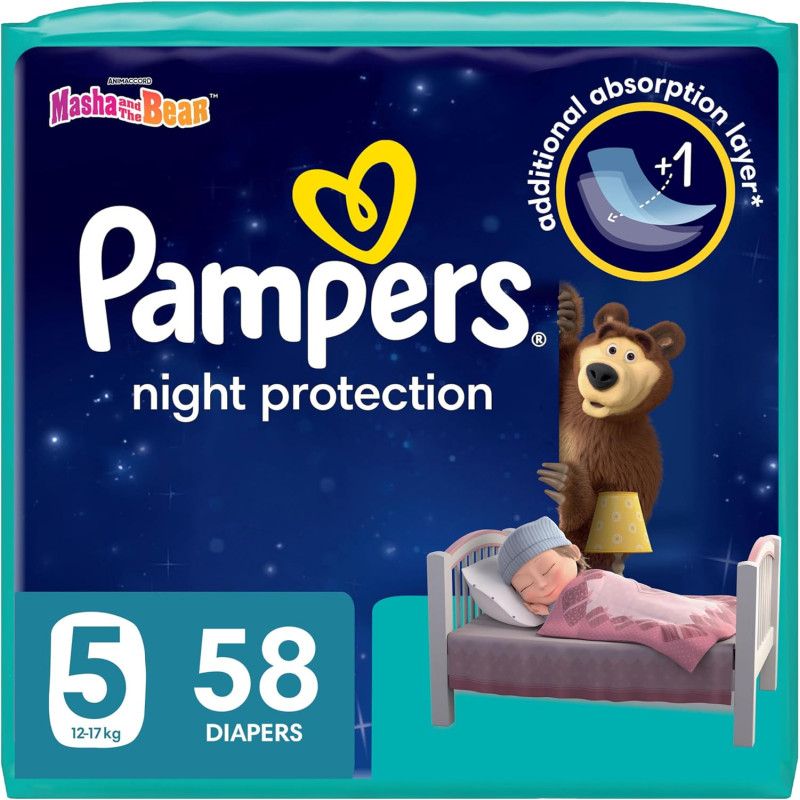 Pampers Baby-Dry Night Diapers Additional Absorption Layer for Overnight Leakage Protection, Size 5, 12-17 KG, 58 Count
