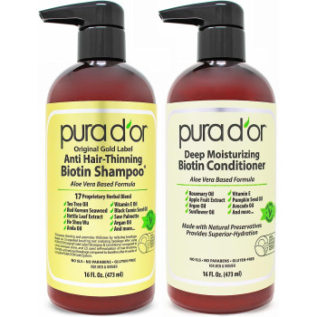 Pura D'or Anti-Thinning Biotin Shampoo and Conditioner, DHT Blocker Thickening Products For Women & Men, 16 Oz x 2
