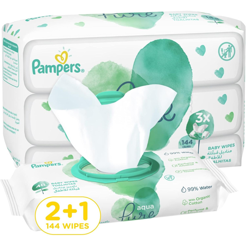 Pampers Aqua Pure Baby Wipes Made With 99 Percentage Water, 144 Wipe Count