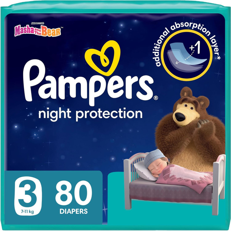 Pampers Baby Dry Night Diapers Additional Absorption Layer for Overnight Leakage Protection, Size 3, 7-11 KG, 80 Count