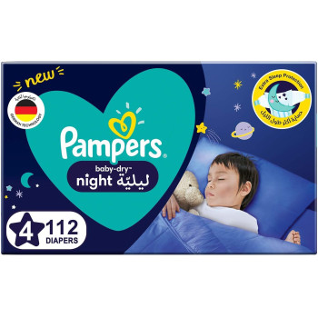 Pampers Baby Dry Night Diapers For Extra Sleep Protection, Size 4, 10-15 KG, 112 Diaper Count