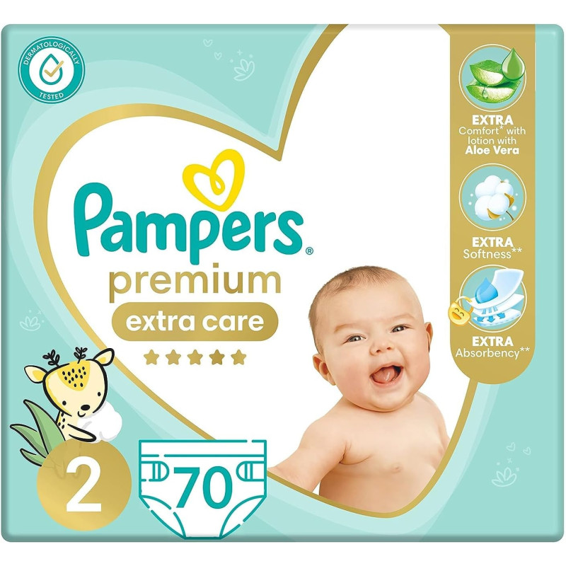 Pampers Premium Extra Care Diapers, Size 2, 3-8 KG, with Lotion with Aloe Vera, 70 Baby Diapers